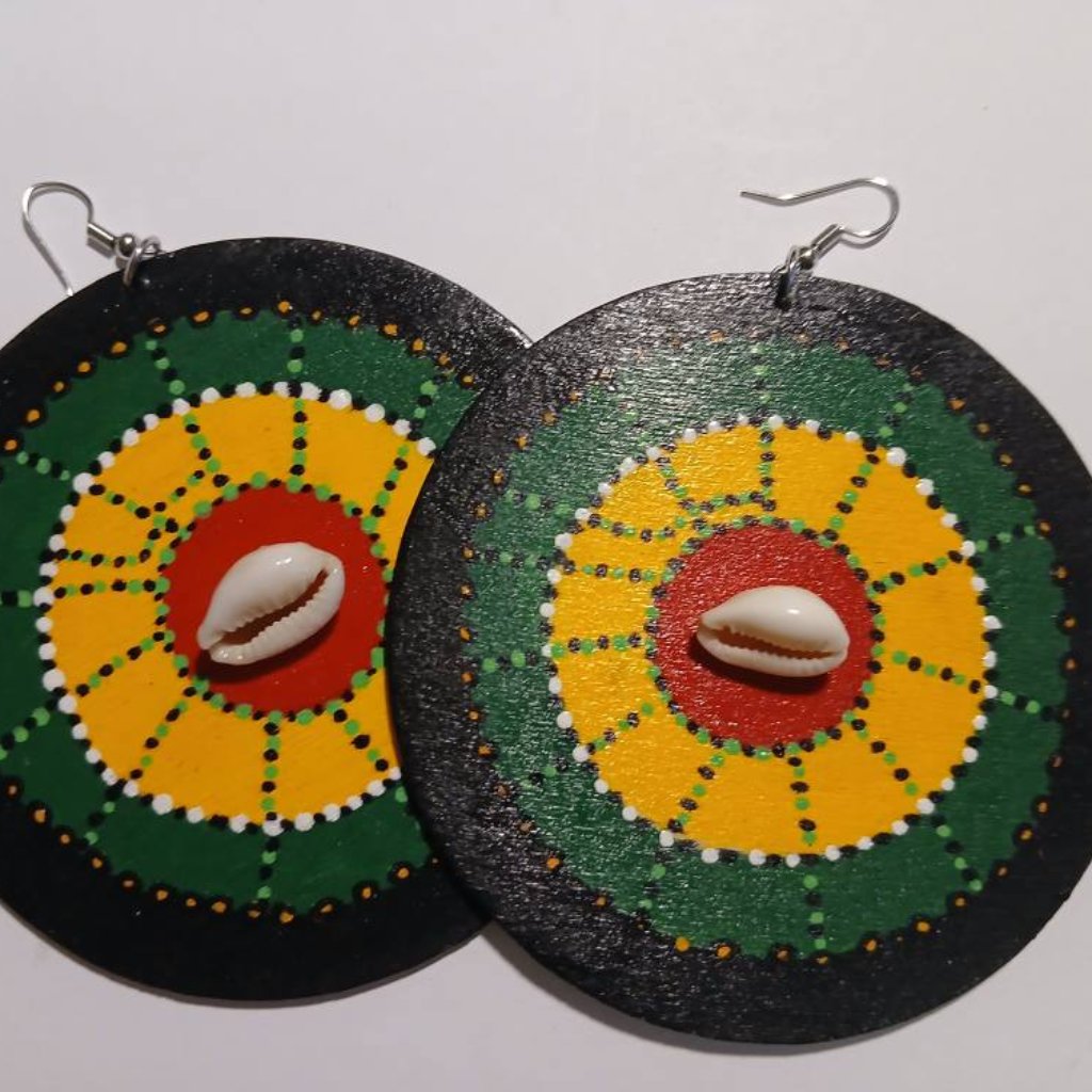 Afrocentric Earrings / Wooden Earrings / African Cowrie Shell Earrings / Mandala